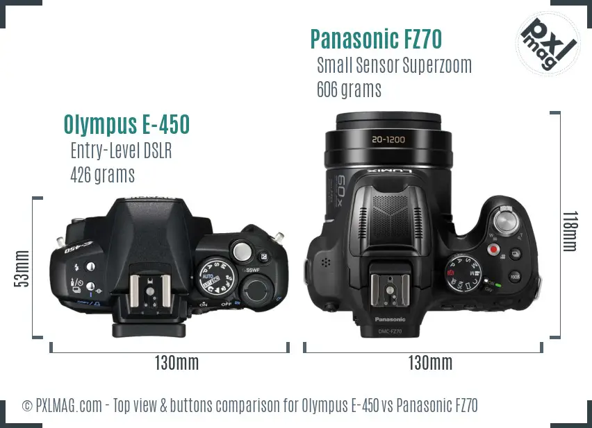 Olympus E-450 vs Panasonic FZ70 top view buttons comparison