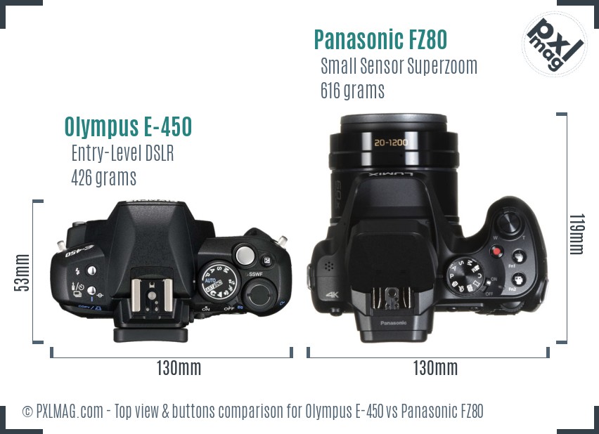 Olympus E-450 vs Panasonic FZ80 top view buttons comparison