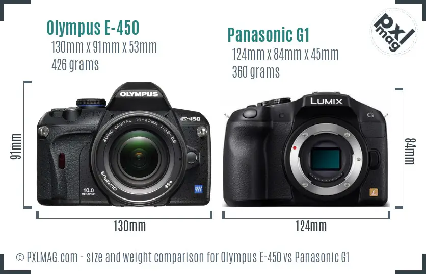 Olympus E-450 vs Panasonic G1 size comparison