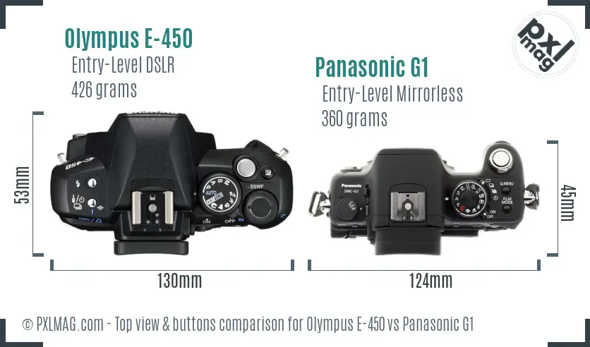 Olympus E-450 vs Panasonic G1 top view buttons comparison