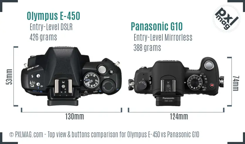 Olympus E-450 vs Panasonic G10 top view buttons comparison