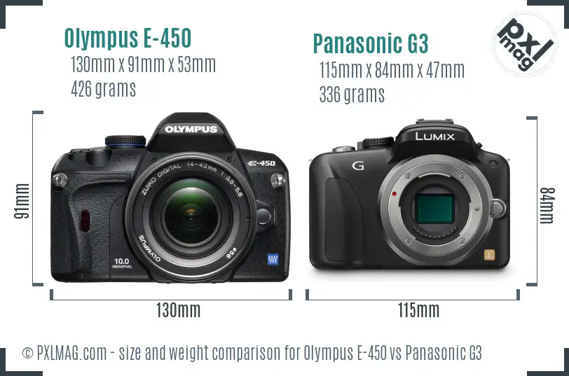 Olympus E-450 vs Panasonic G3 size comparison