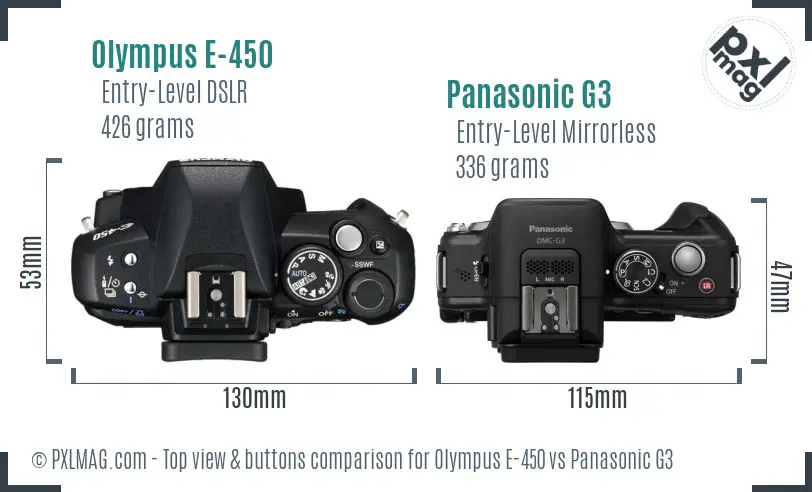 Olympus E-450 vs Panasonic G3 top view buttons comparison