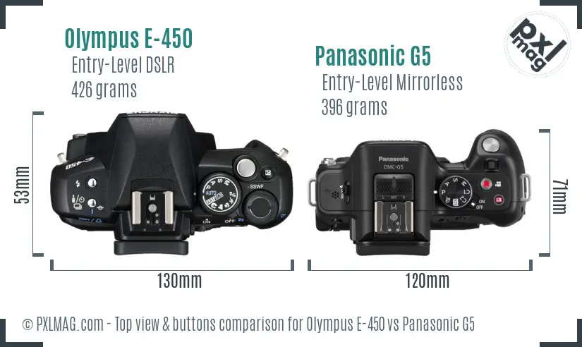 Olympus E-450 vs Panasonic G5 top view buttons comparison