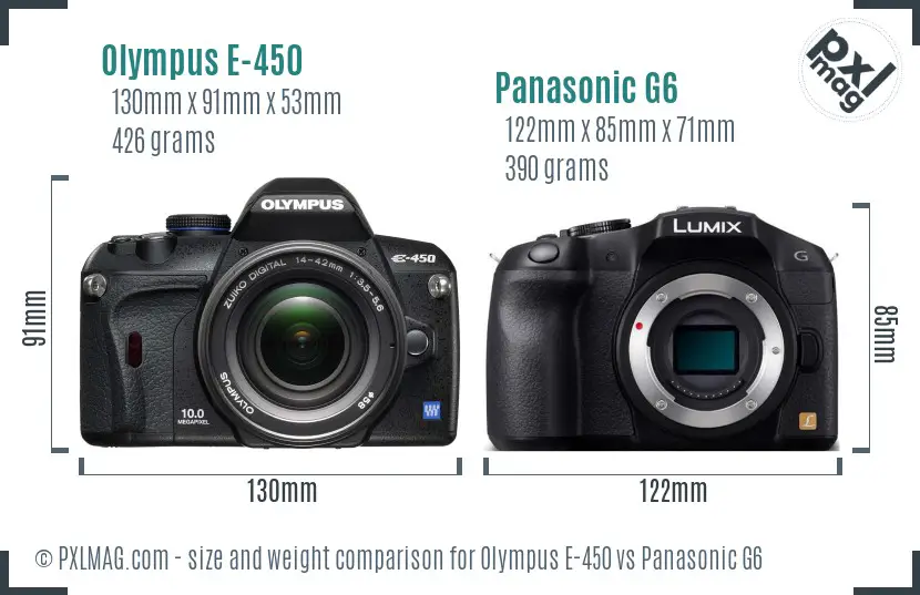 Olympus E-450 vs Panasonic G6 size comparison