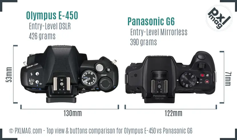 Olympus E-450 vs Panasonic G6 top view buttons comparison