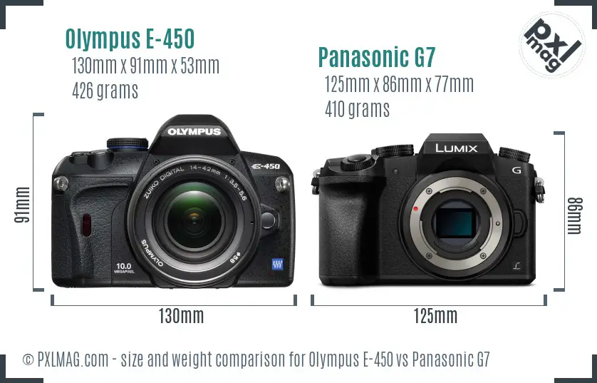 Olympus E-450 vs Panasonic G7 size comparison