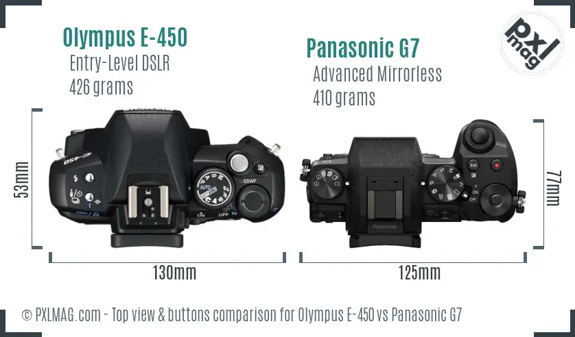 Olympus E-450 vs Panasonic G7 top view buttons comparison