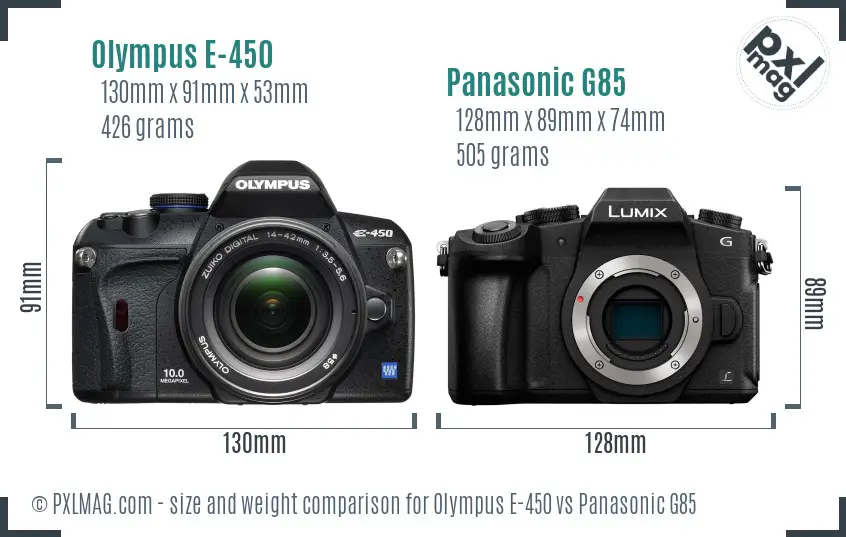 Olympus E-450 vs Panasonic G85 size comparison