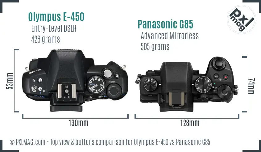 Olympus E-450 vs Panasonic G85 top view buttons comparison