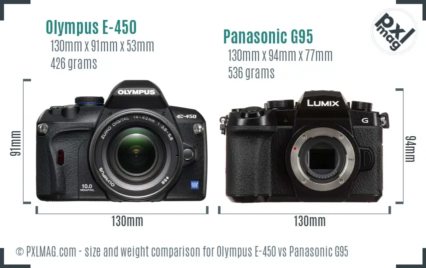Olympus E-450 vs Panasonic G95 size comparison