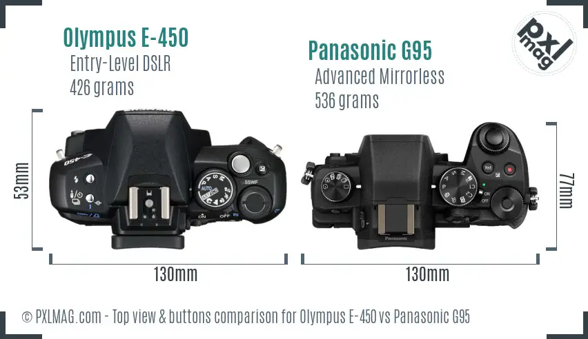 Olympus E-450 vs Panasonic G95 top view buttons comparison