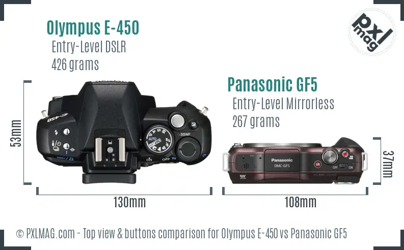 Olympus E-450 vs Panasonic GF5 top view buttons comparison
