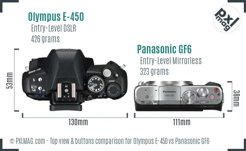Olympus E-450 vs Panasonic GF6 top view buttons comparison