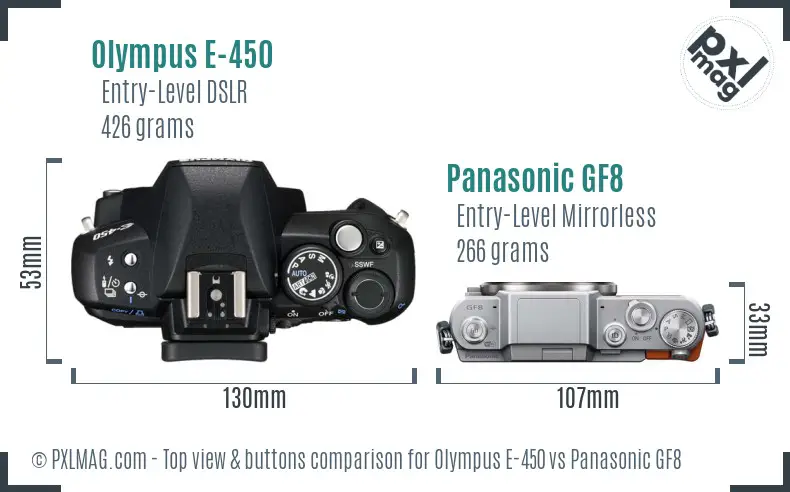 Olympus E-450 vs Panasonic GF8 top view buttons comparison