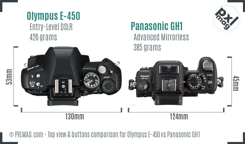 Olympus E-450 vs Panasonic GH1 top view buttons comparison