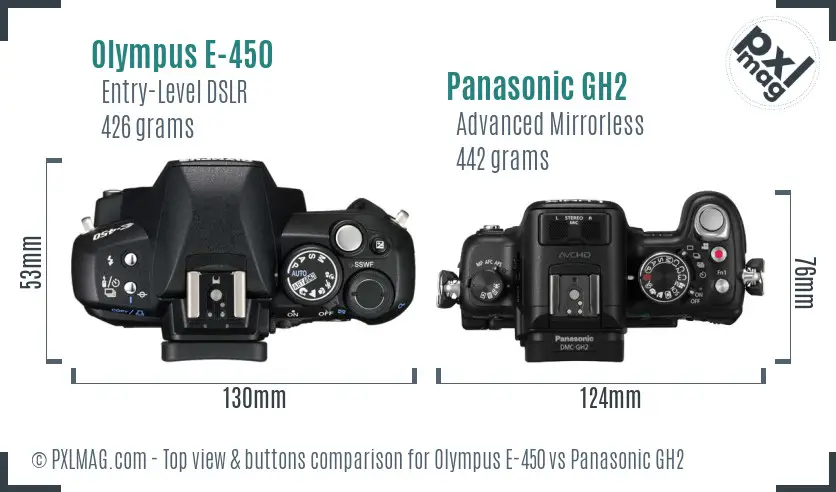 Olympus E-450 vs Panasonic GH2 top view buttons comparison