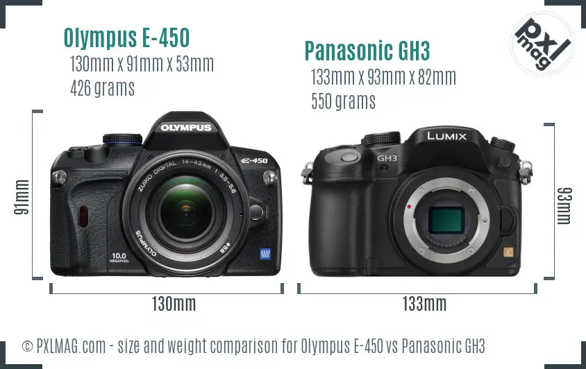 Olympus E-450 vs Panasonic GH3 size comparison