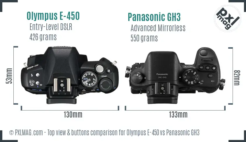 Olympus E-450 vs Panasonic GH3 top view buttons comparison