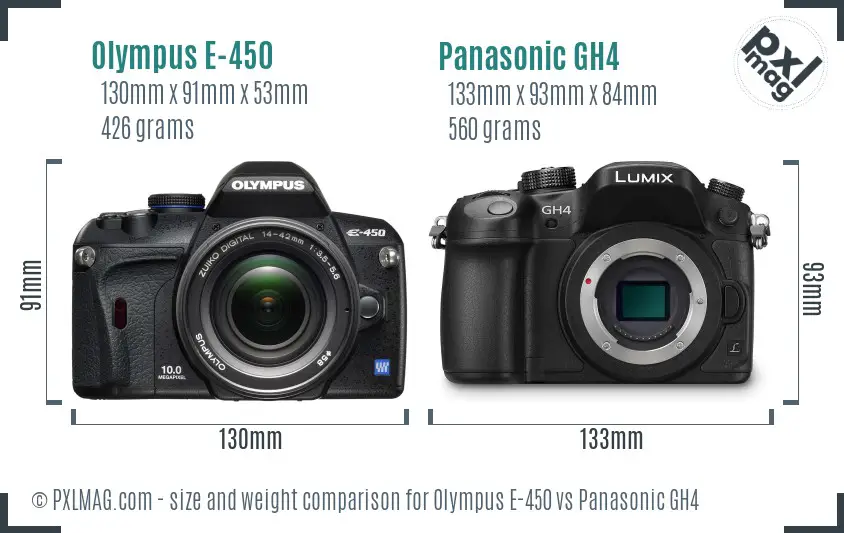 Olympus E-450 vs Panasonic GH4 size comparison