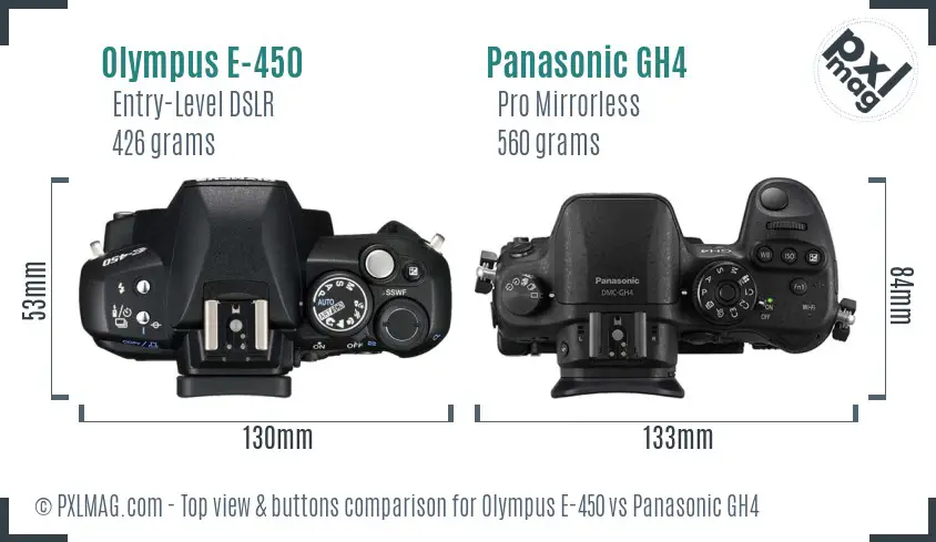 Olympus E-450 vs Panasonic GH4 top view buttons comparison