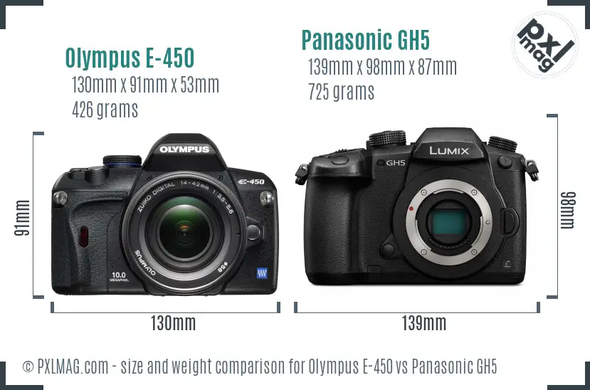 Olympus E-450 vs Panasonic GH5 size comparison