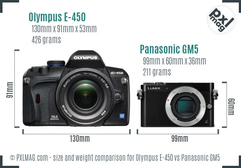 Olympus E-450 vs Panasonic GM5 size comparison