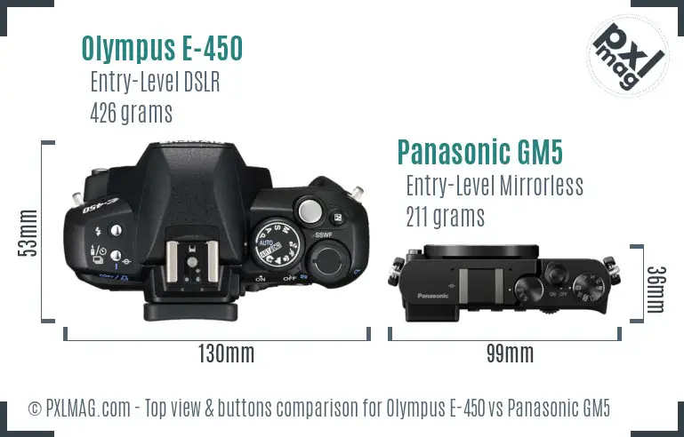 Olympus E-450 vs Panasonic GM5 top view buttons comparison