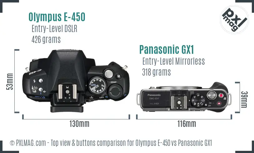 Olympus E-450 vs Panasonic GX1 top view buttons comparison