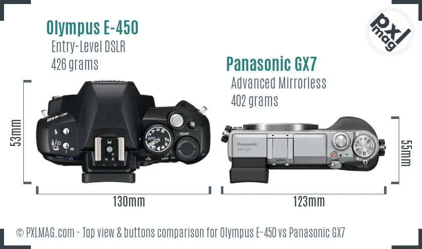 Olympus E-450 vs Panasonic GX7 top view buttons comparison