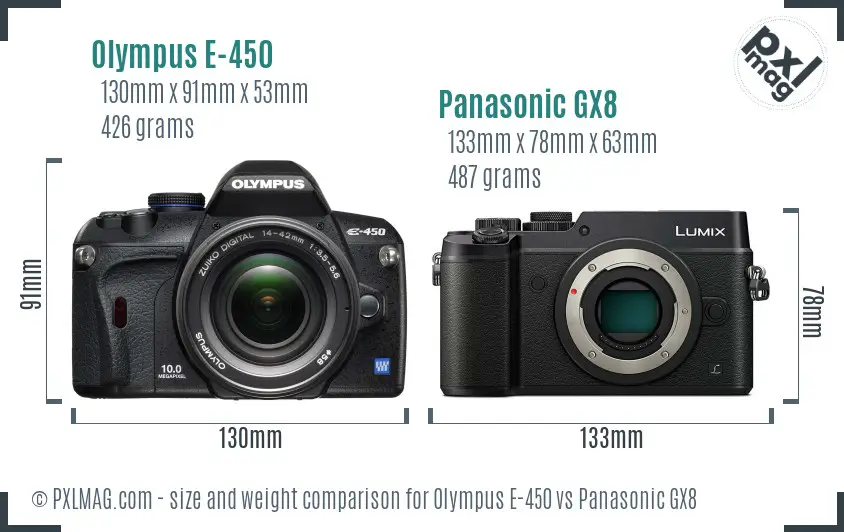 Olympus E-450 vs Panasonic GX8 size comparison