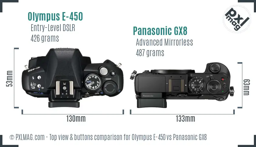 Olympus E-450 vs Panasonic GX8 top view buttons comparison