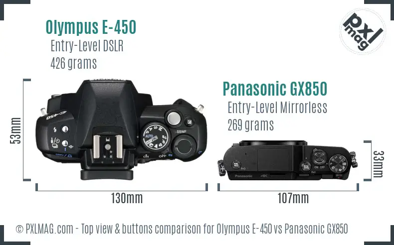 Olympus E-450 vs Panasonic GX850 top view buttons comparison