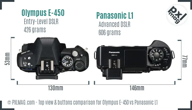 Olympus E-450 vs Panasonic L1 top view buttons comparison