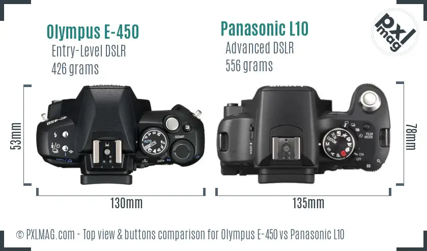 Olympus E-450 vs Panasonic L10 top view buttons comparison