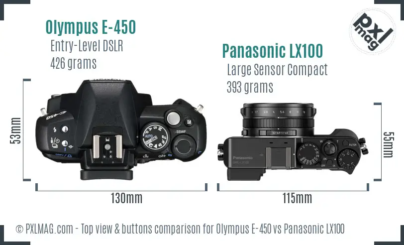 Olympus E-450 vs Panasonic LX100 top view buttons comparison