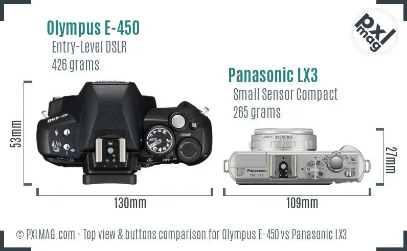 Olympus E-450 vs Panasonic LX3 top view buttons comparison