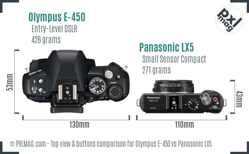 Olympus E-450 vs Panasonic LX5 top view buttons comparison