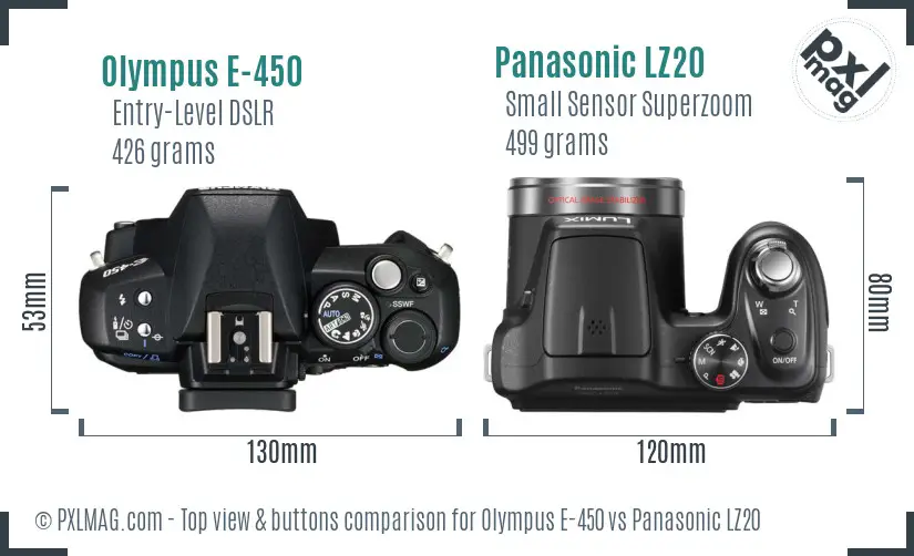 Olympus E-450 vs Panasonic LZ20 top view buttons comparison