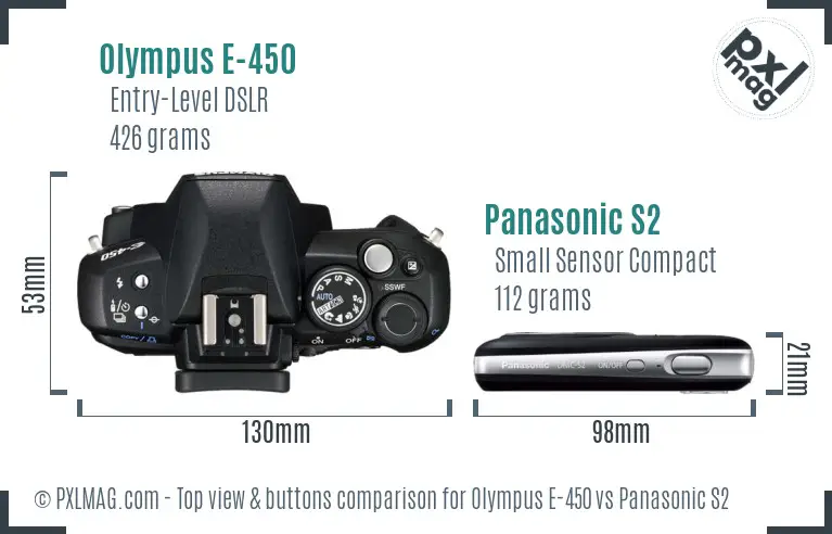 Olympus E-450 vs Panasonic S2 top view buttons comparison