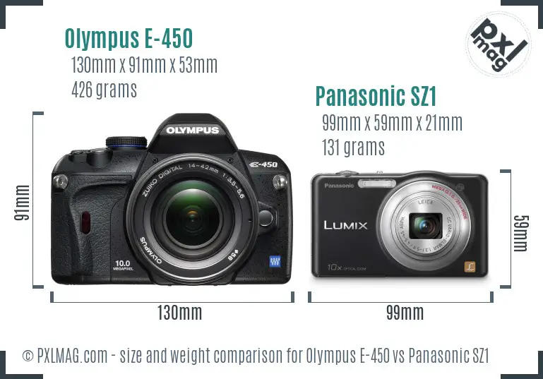 Olympus E-450 vs Panasonic SZ1 size comparison