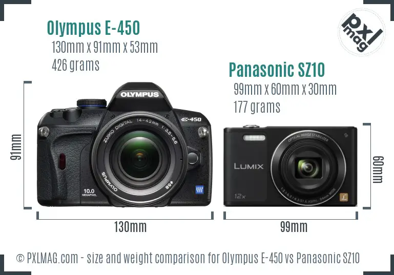 Olympus E-450 vs Panasonic SZ10 size comparison