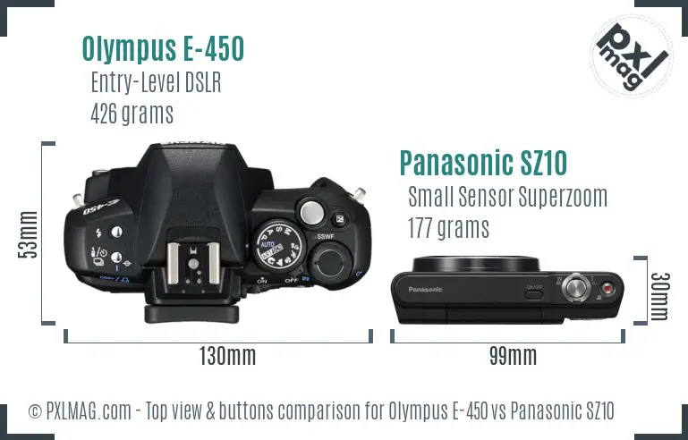 Olympus E-450 vs Panasonic SZ10 top view buttons comparison