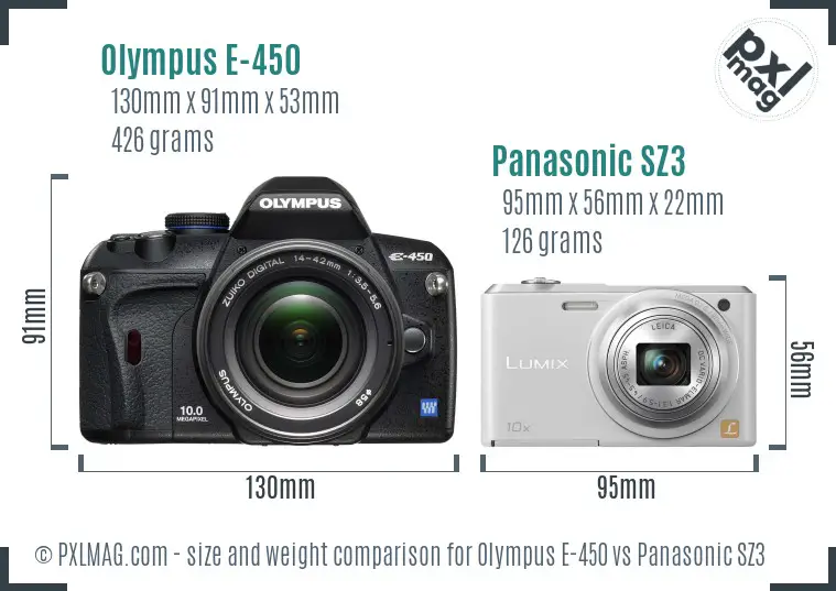 Olympus E-450 vs Panasonic SZ3 size comparison