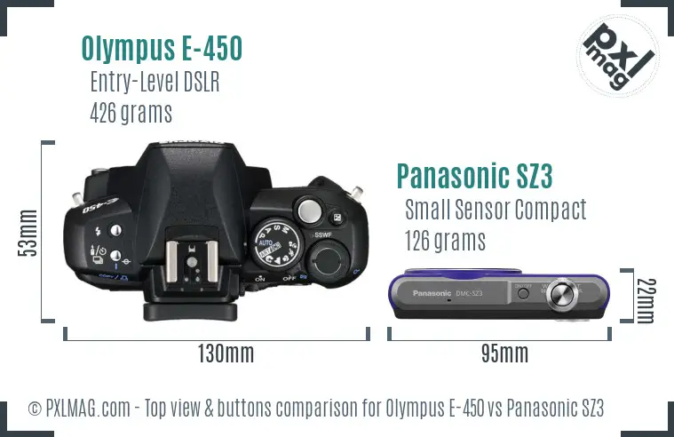 Olympus E-450 vs Panasonic SZ3 top view buttons comparison