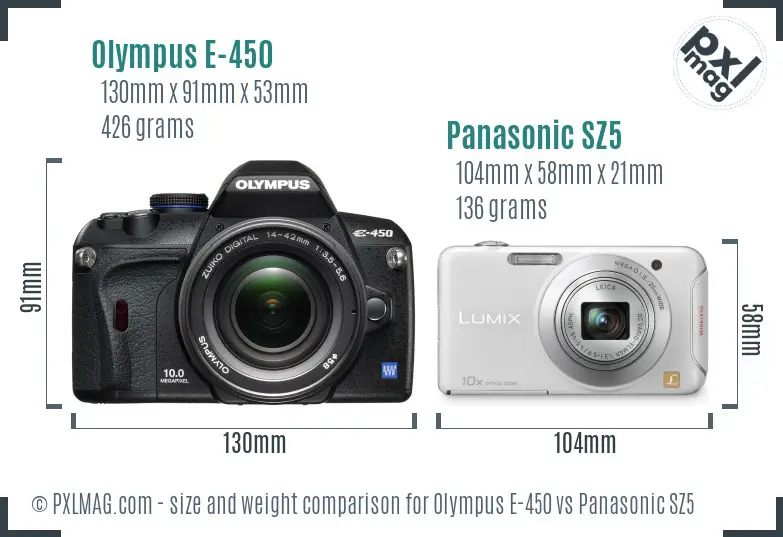 Olympus E-450 vs Panasonic SZ5 size comparison