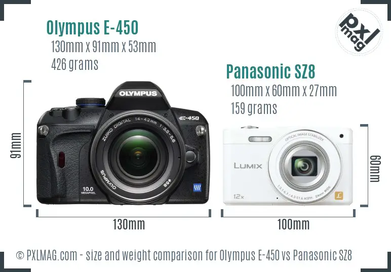 Olympus E-450 vs Panasonic SZ8 size comparison