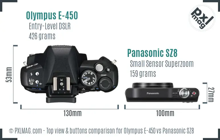 Olympus E-450 vs Panasonic SZ8 top view buttons comparison