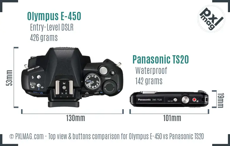 Olympus E-450 vs Panasonic TS20 top view buttons comparison