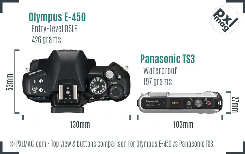 Olympus E-450 vs Panasonic TS3 top view buttons comparison